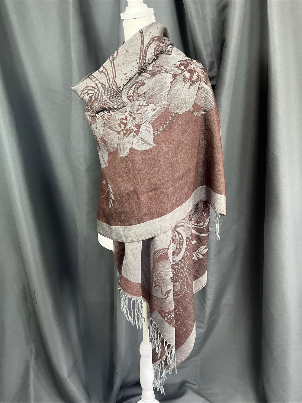 pashmina Floral Jacquard Shawl in Brown and Gray